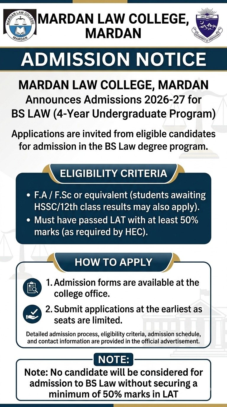 Mardan Law College admission notice for BS Law session 2026-27